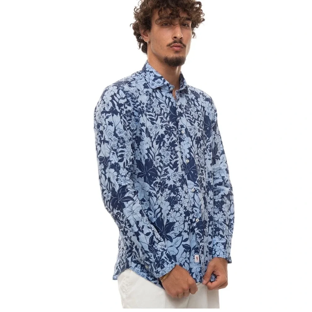 Vincenzo de Lauziers Sette Corni Blue Floral Button Up Shirt Men's Large Cotton